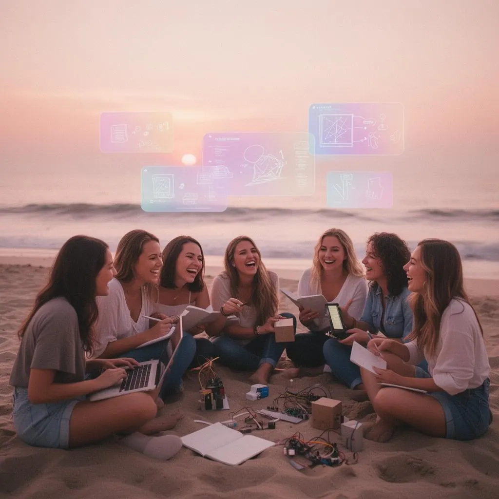Women building together at a sunset beach hackathon